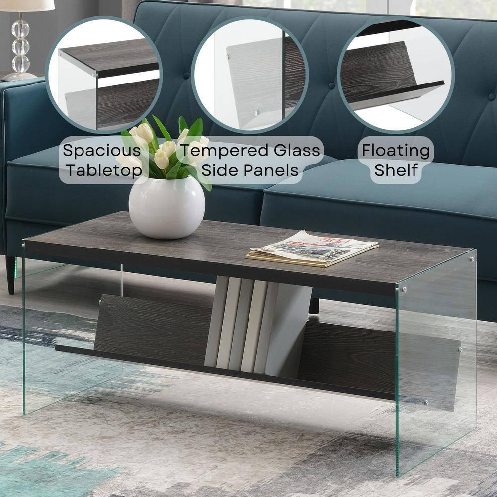 Convenience Concepts SoHo Glass Coffee Table with Shelf, Weathered Gray/Glass