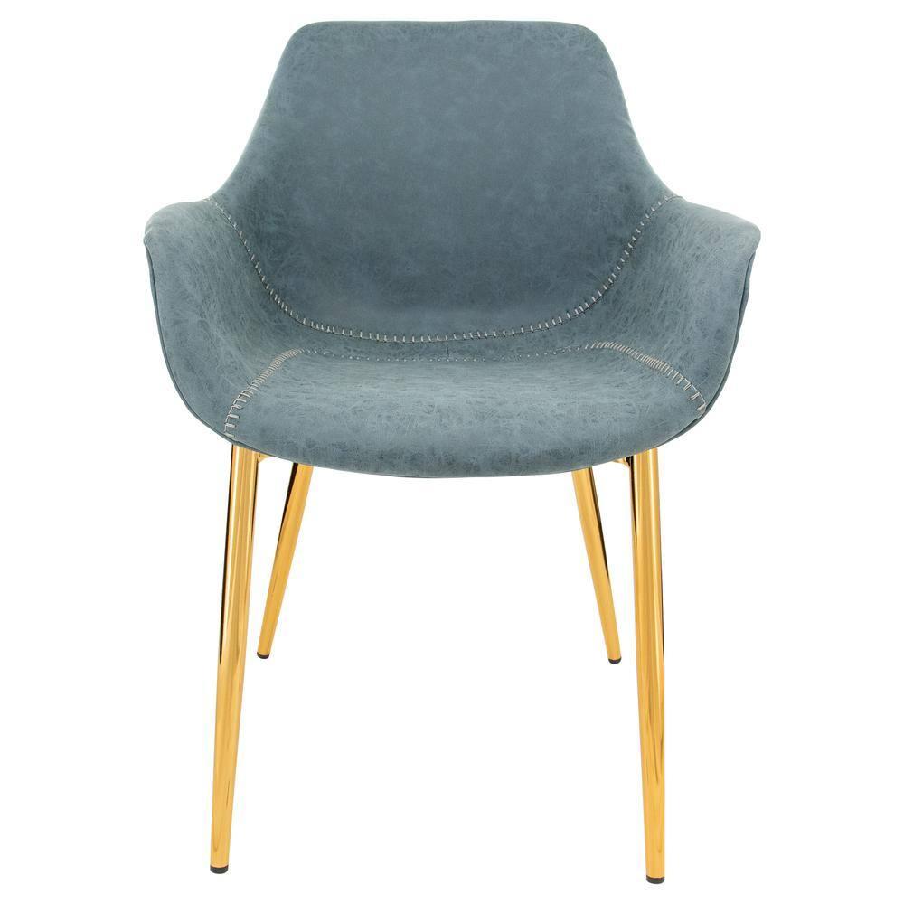 LeisureMod Markley Faux Leather Dining Chair with Arms and Gold Metal Legs, Peacock Blue
