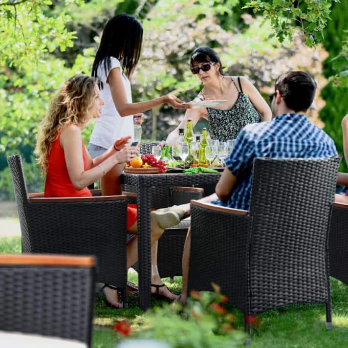7 Piece Outdoor Patio Dining Set Indoor Outdoor Wicker Dining Furniture Set with Brown Rattan Dining Table and Chairs with Cushions, Reddish-brown Tabletop