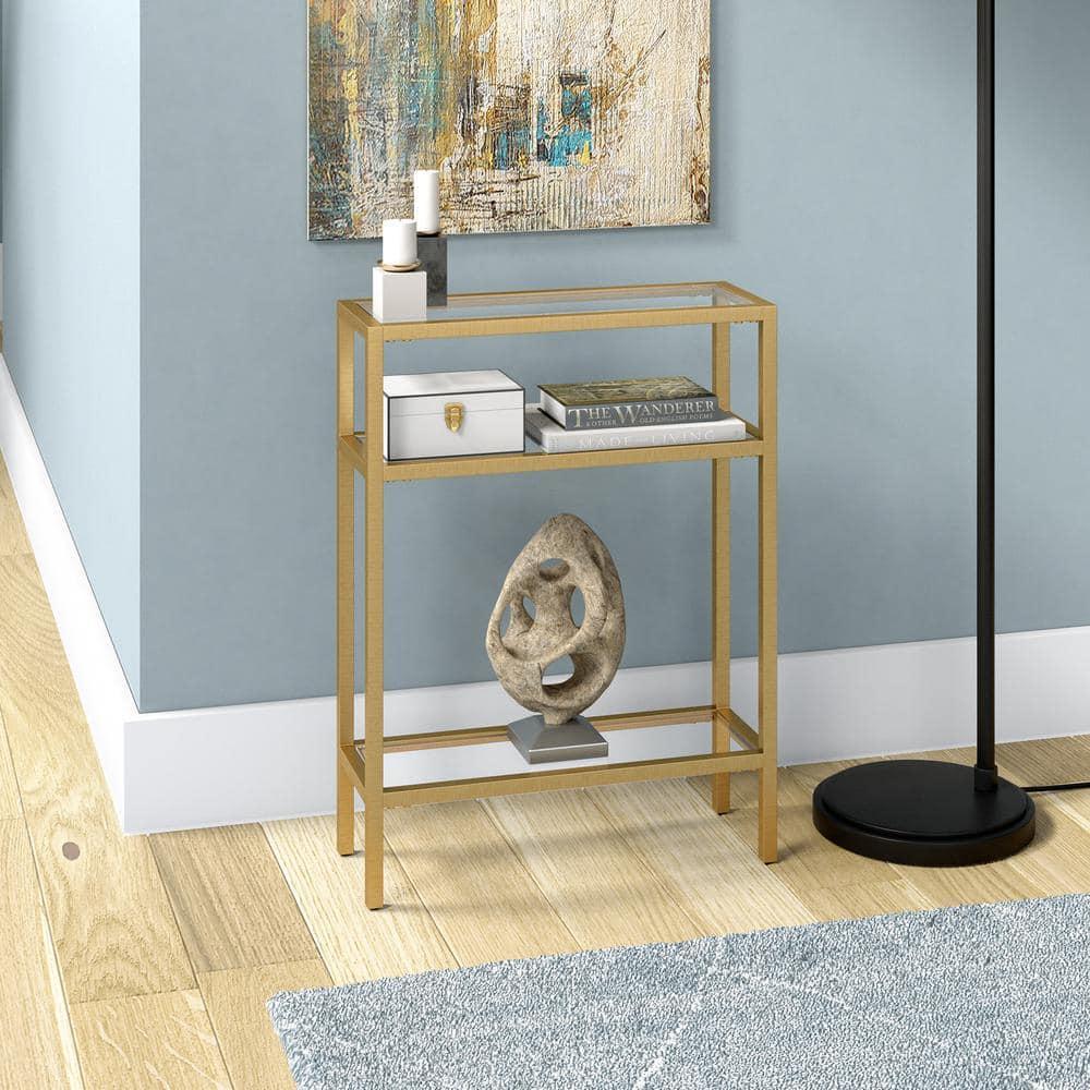 Compact Modern Industrial Brass & Glass Console Table with Storage
