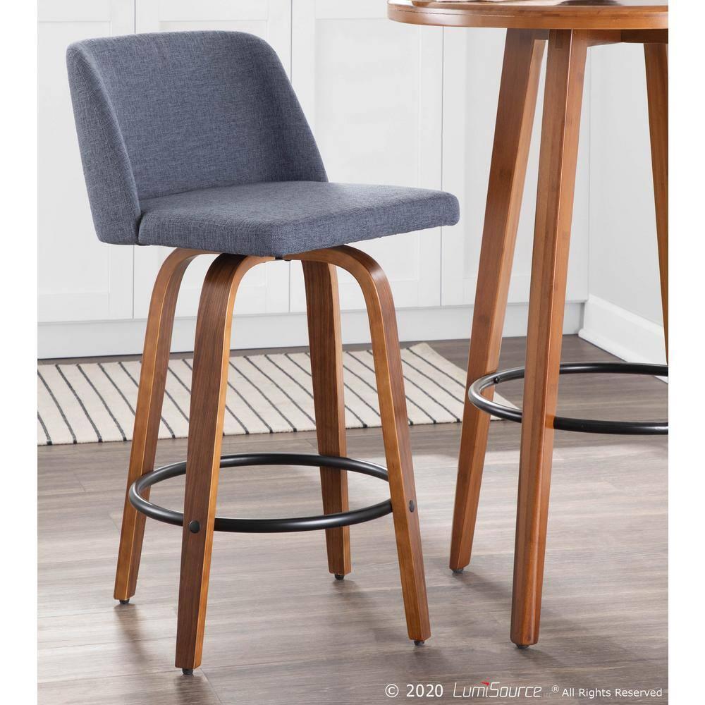 Set of 2 Toriano Mid-Century Modern Counter Height Barstools Walnut/Blue - LumiSource: Swivel, Polyester Upholstery, Wood Legs