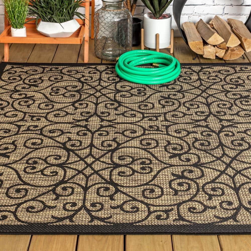 4'x6' Madrid Vintage Filigree Textured Weave Indoor/Outdoor Area Rug, Black/Khaki - JONATHAN Y