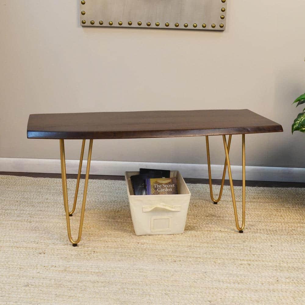 Carolina Living Langdon Live Edge Coffee Table/Bench Elm/Gold: Rectangular Acacia Top, Metal Frame, Non-Toxic Finish