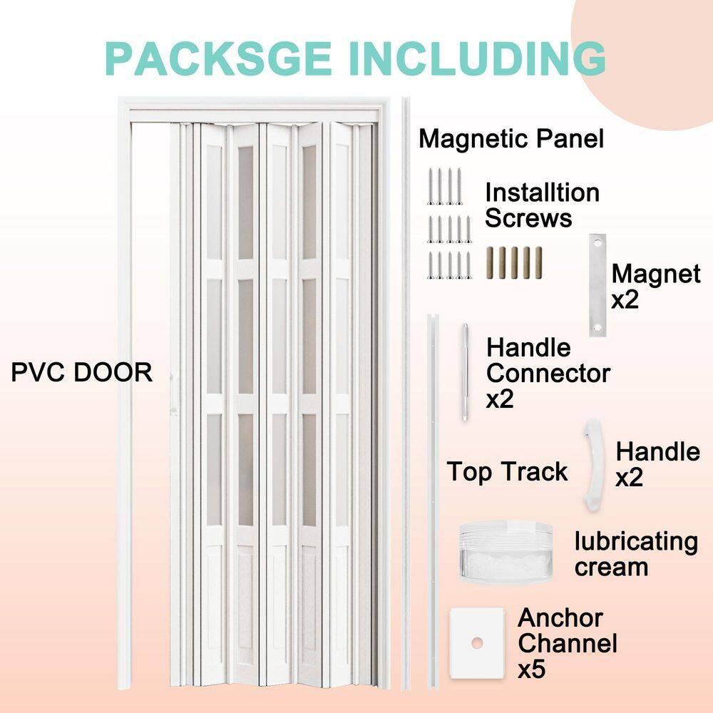 Upgrade Dual Layer Vinyl Accordion Door with Handles and Magnetic Door Lock, 4-Lite Frosted Acrylic Glass, White