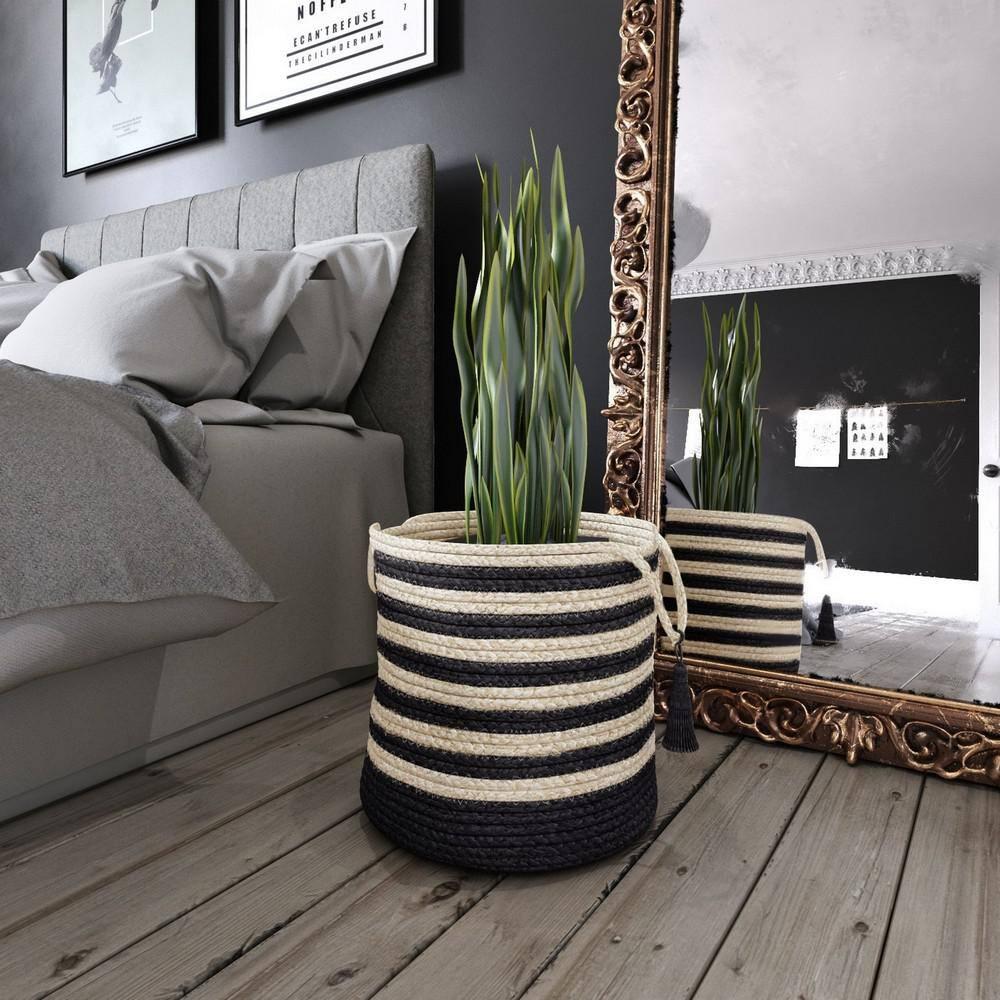 LR Home Woven Round Jute 17" Storage Basket with Handles, Black/White Multi Stripe