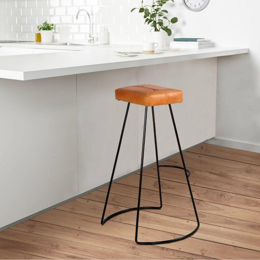 32 Inch Modern Bar Stool, Genuine Leather Seat, Metal Frame, Button Tufted, Tan Brown, Black