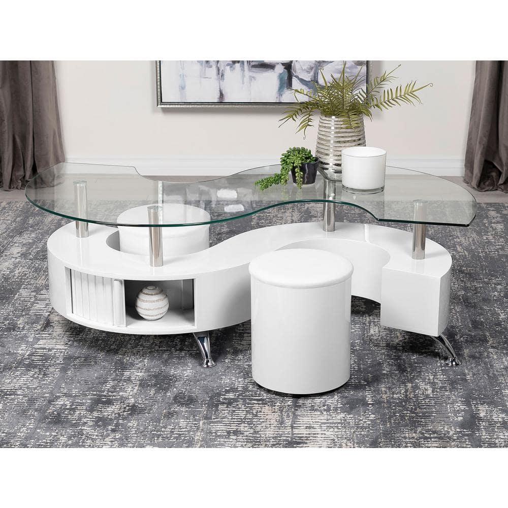 Coaster Buckley Wood Curved Glass Top Coffee Table With Stools in White