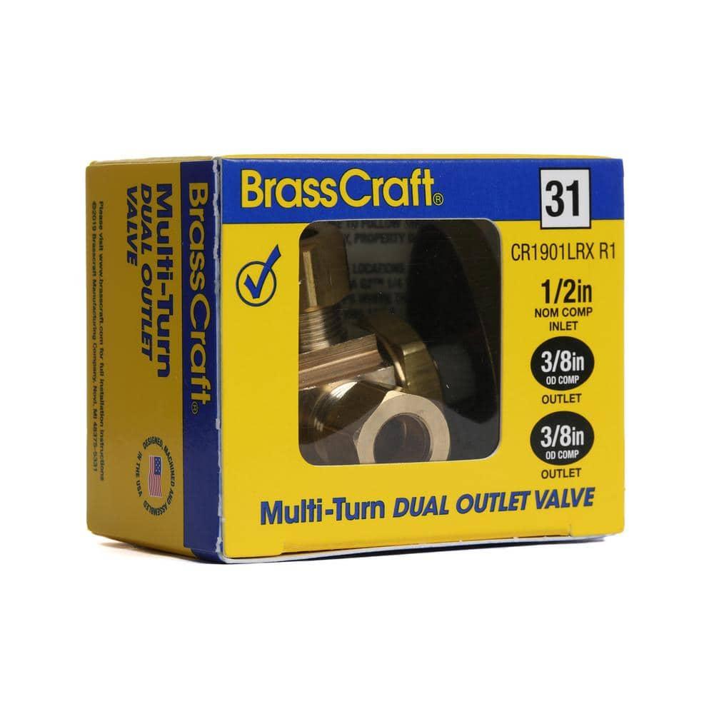 BrassCraft CR1901LRX R1 Stop Valve, 1/2 x 3/8 x 3/8 in Connection, Compression, 125 psi Pressure, Brass Body