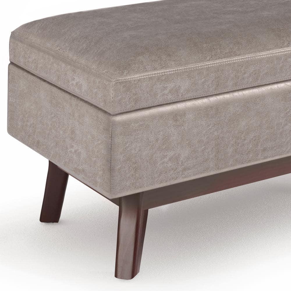 Simpli Home Owen 36 inch Wide Mid Century Modern Rectangle Small Rectangular Storage Ottoman in Distressed Grey Taupe Faux Air Leather