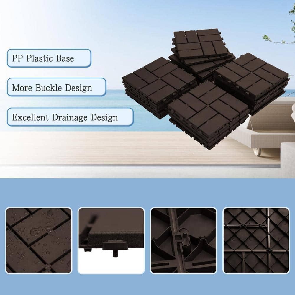 Goovilla Plastic Interlocking Deck Tiles, 27 Pack Outdoor Patio Flooring, 12"x12" Interlocking Decking Tile Outdoor All Weather Use, Waterproof Patio Pavers for Pool Balcony Backyard Porch, Dark Brown
