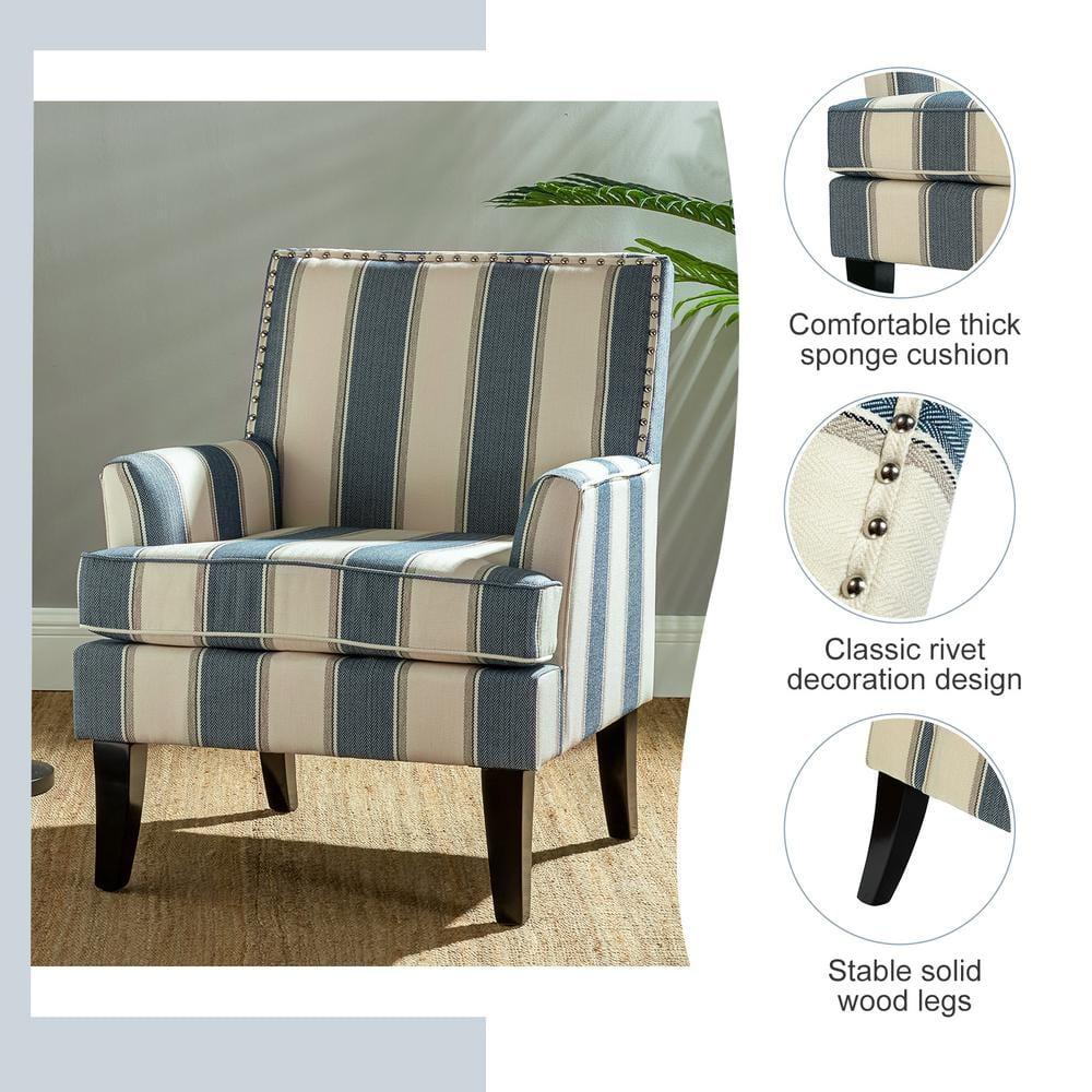 Upholstery Accent Chair Armchair Sofa Couch Lounge Seat Wood Black Legs Nailhead Trim Home Living Room Bedroom Stripe Blue
