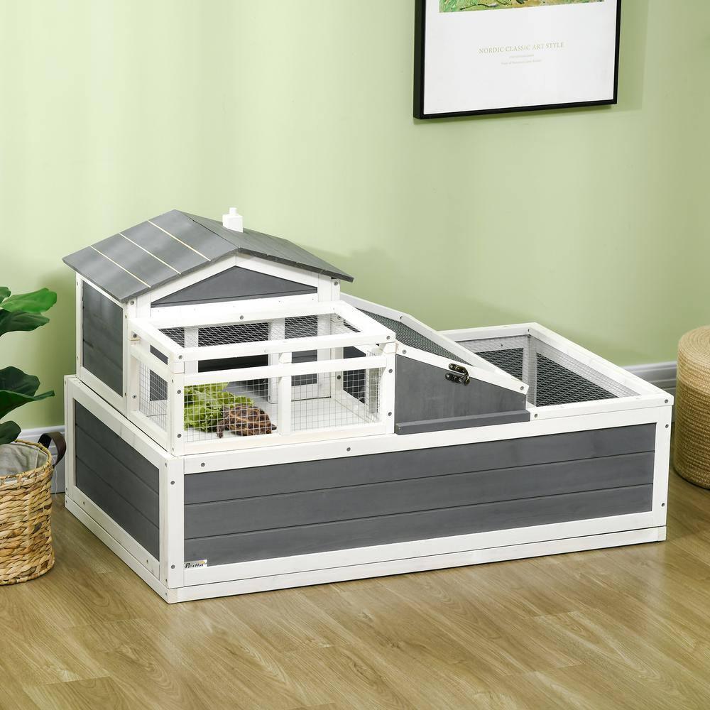 PawHut 3-Room Tortoise Habitat House w/ Balcony & 2 Stories, Wooden Indoor/Outdoor Tortoise Enclosure, Large Reptile Cage, 44" x 25.5" x 25", Gray