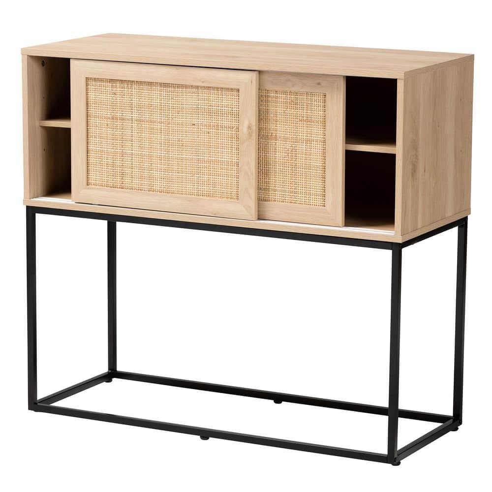 Amelia Wood Rattan Sideboard Buffet Dining Cabinet Natural Brown/Black - Baxton Studio: Fixed Shelves, Metal Frame
