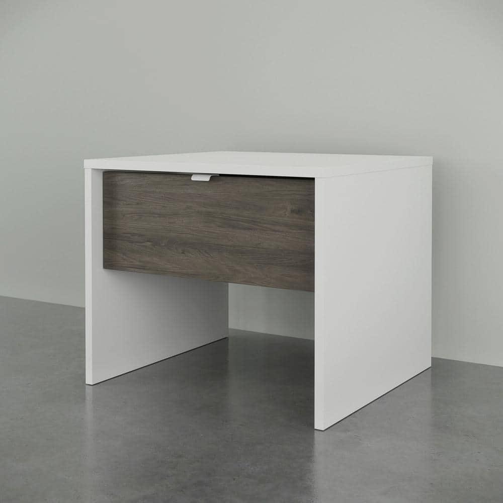 Nexera 1 Drawer Nightstand White/Bark Gray: Mid-Century Modern Bedside Table, Wood Composite, Spot Clean