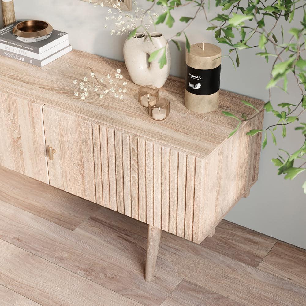 Living Skog  Chelsea Brown TV Stand Fits for TV's up to 65 in. with Slatted Design and Wood Legs Beige Matte Laminate, MDF