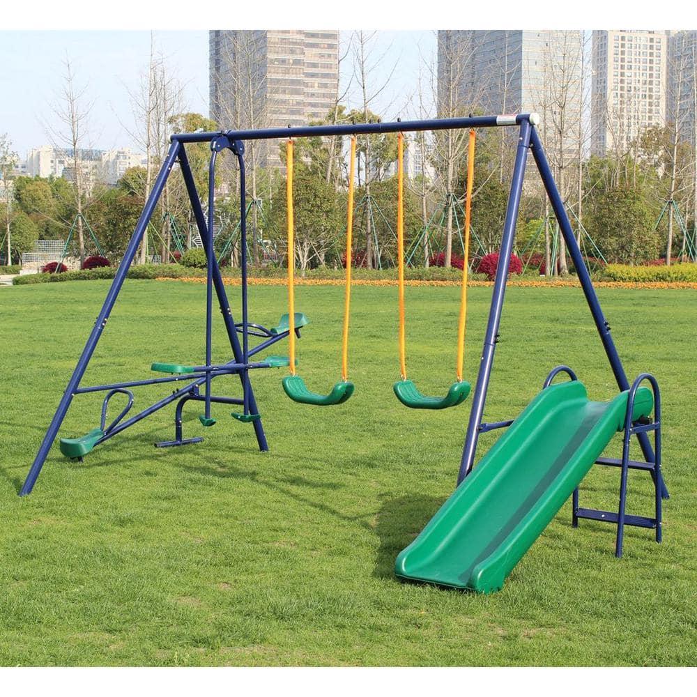 Swing Set for Backyard Outdoor Heavy Duty A-Frame Metal Playset with Seesaw, 2 Swings, Slide and Glider for Kids Toddlers