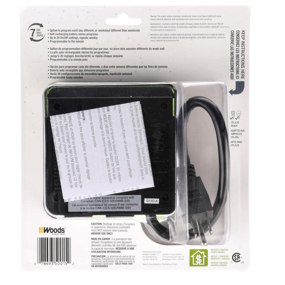 Woods 50015WD Outdoor 7-Day Heavy Duty Digital Plug-in Timer, 2 Grounded Outlets, Weatherproof, Perfect for Automating Holiday/Christmas Lights, Energy Saving Precision Programming, Black & Green