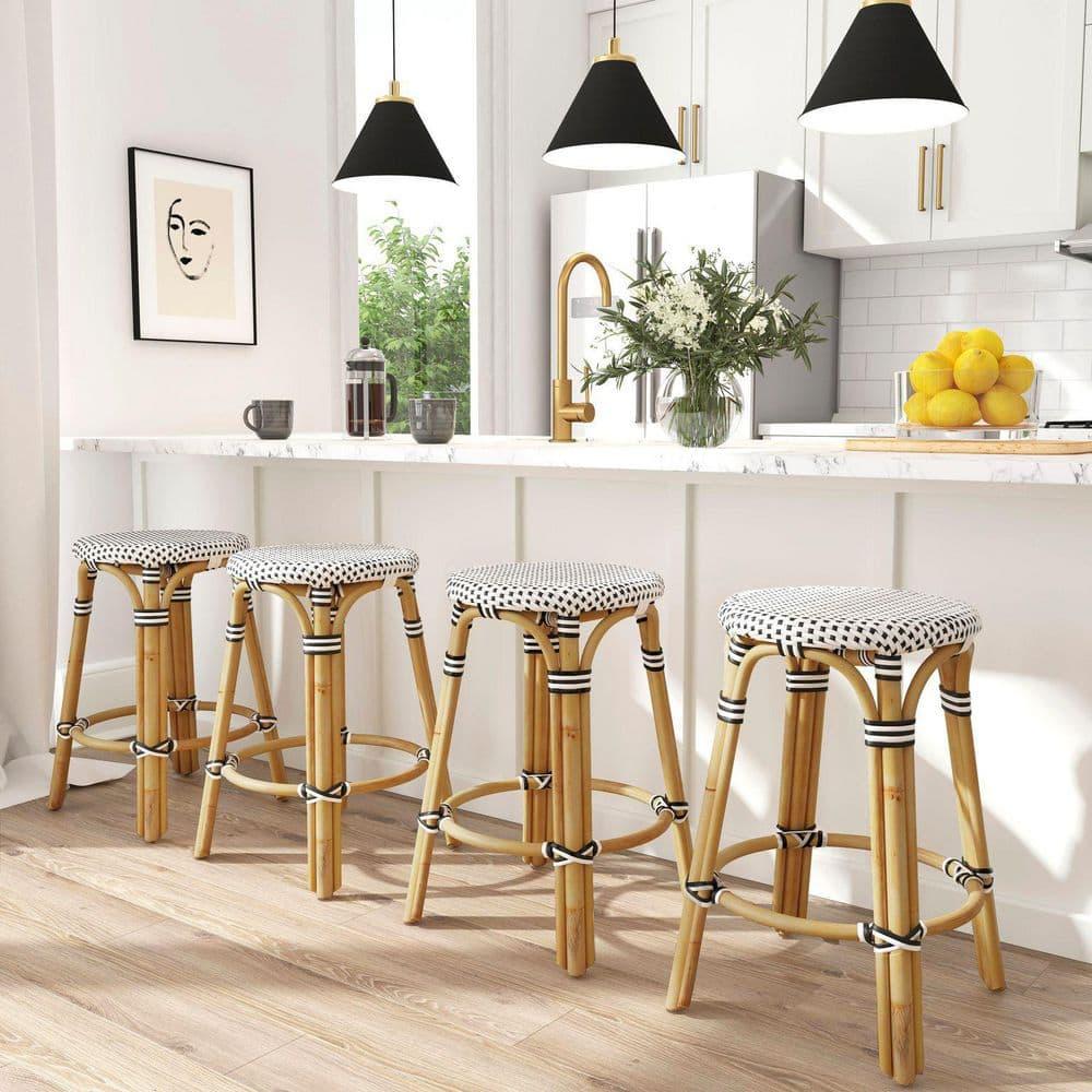 Butler Specialty Rattan Bar Stool Chair in Black With Round Seat & Footrest
