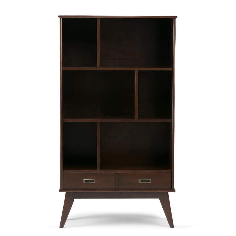 Simpli Home Draper 35"W Solid Hardwood 6 Shelf Compartment Mid-Century Modern Wide Bookcase with 2 Drawers