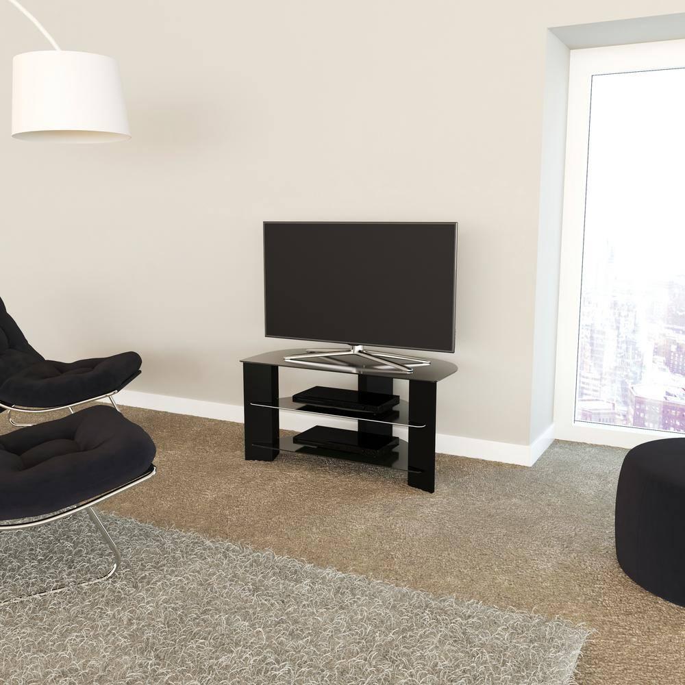 Lesina Gloss Black Tempered Glass Corner TV Stand with Cabinet