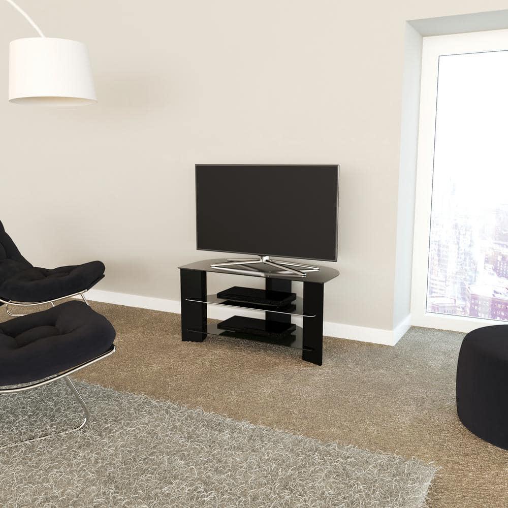 39 in. Black Glass TV Stand Fits TVs Up to 55 in. with Open Storage