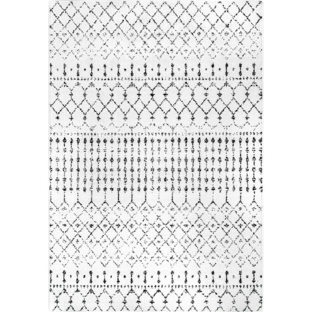 nuLOOM 6' 7" x 9' Moroccan Blythe Area Rug, White and Black, Faded Bohemian Design, Stain Resistant, For Bedroom, Dining Room, Living Room, Hallway, Office, Kitchen, Entryway