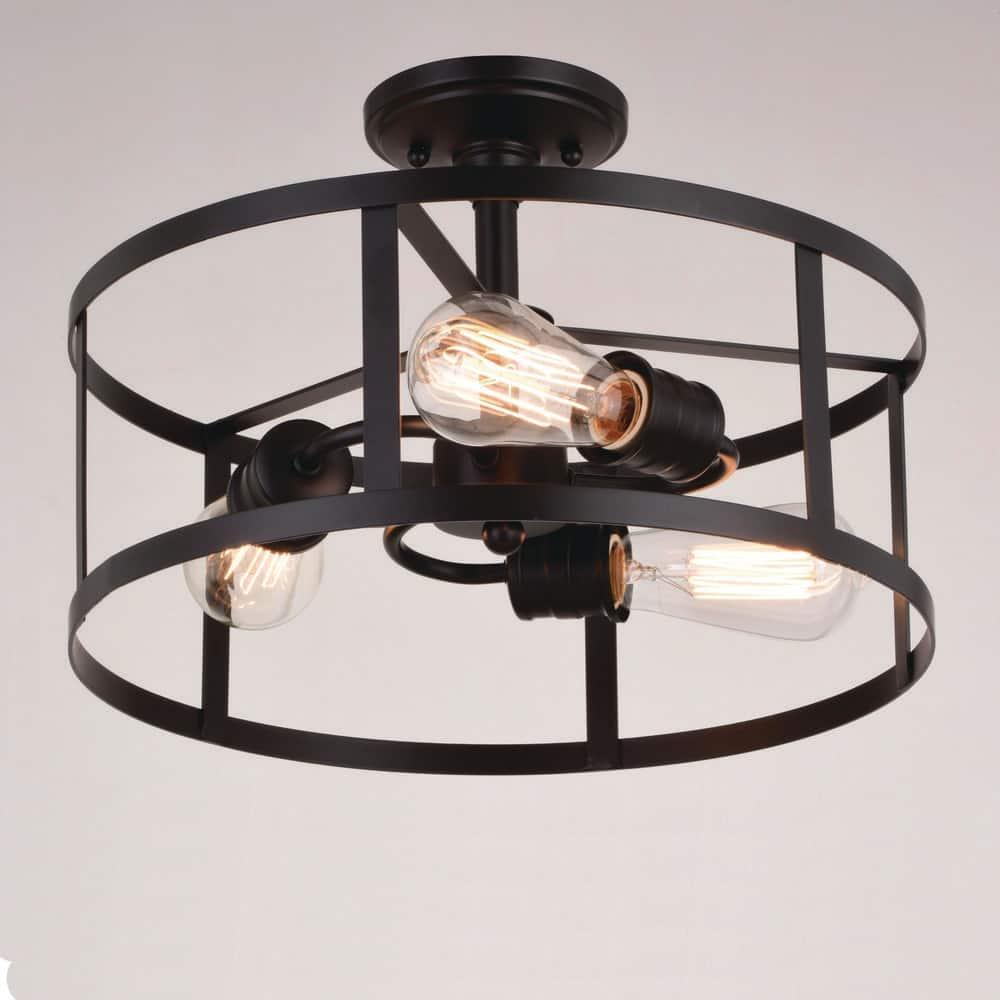VAXCEL Akron 15-in W Bronze Farmhouse Round Cage Semi Flush Mount Ceiling Light