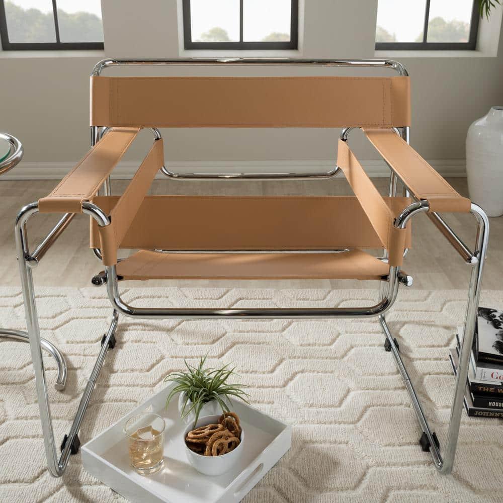Baxton Studio Jericho Leather Mid Century Modern Accent Chair Tan: Chrome Finish, No-Mar Feet, Fully Assembled