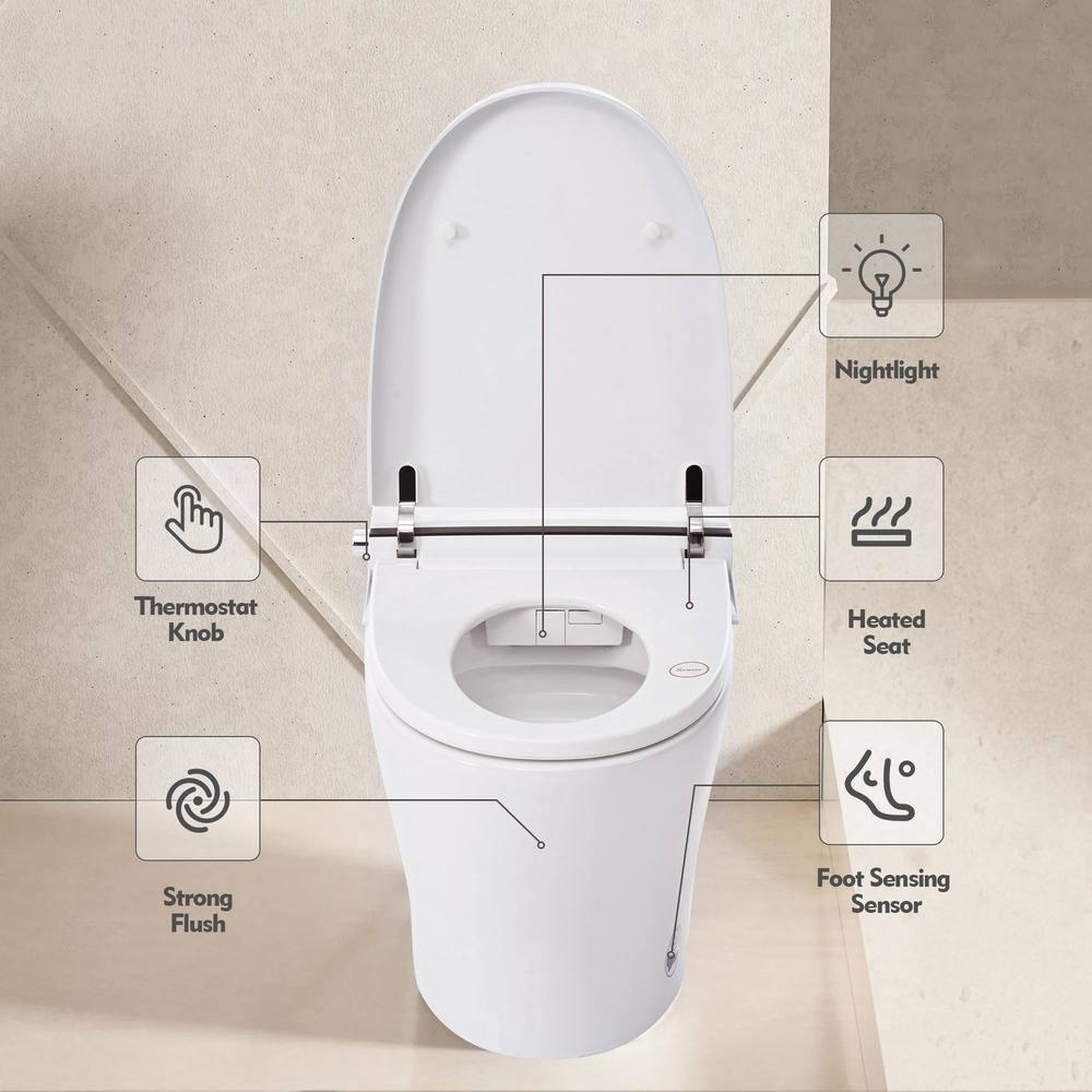 1/1.28 GPF Tankless Elongated Smart Toilet in White with Dual Flush Adjustable Temp Heated Seat Foot Sensor Flush