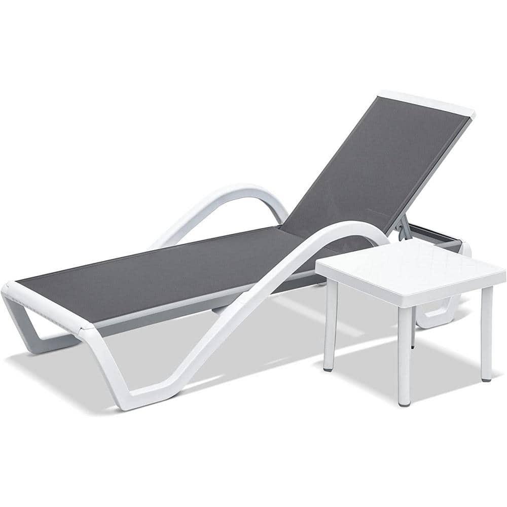CoSoTower Patio Tumbona Sillones de Piscina de Aluminio Ajustables con Brazo Sillas de Piscina para Todo Clima para Exterior, Piscina, Césped (Gris, 1 Sillón+1 Mesa de Plástico)