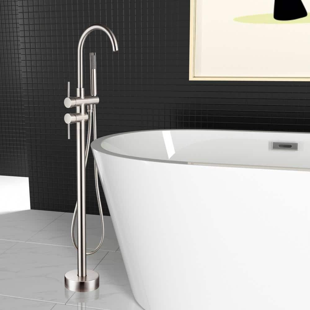 Double Handle Floor Mounted Freestanding Tub Filler With Handshower