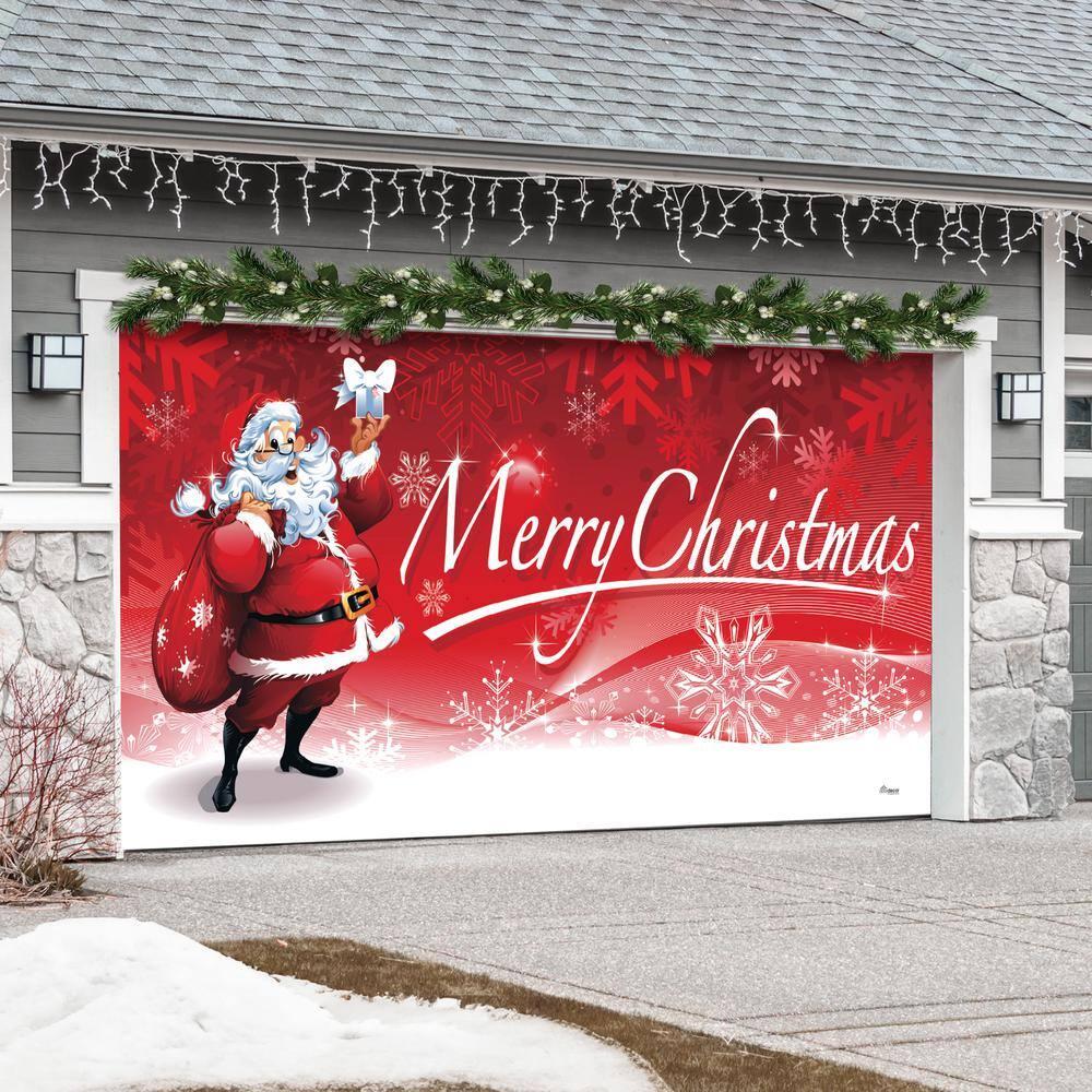 Garage Door Banner Cover 7 x 16 ft, Merry Christmas Santa Claus Carring Gifts Christmas Garage Door Decorations Holiday Christmas Backdrop Decor for Winter New Year Xmas Party