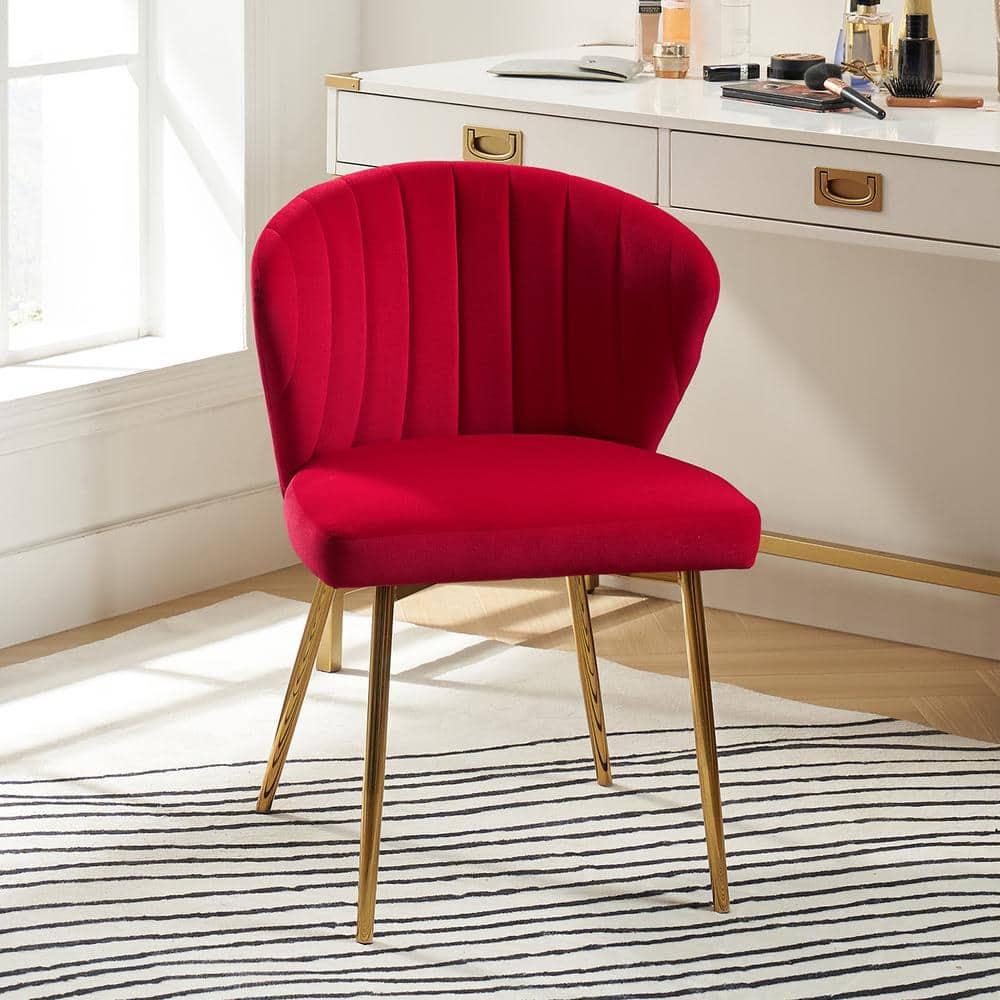 Velvet Upholstery Comfy Dining Chair Accent Channel Tufted Metal Legs Home Living Room Bedroom Kitchen Red