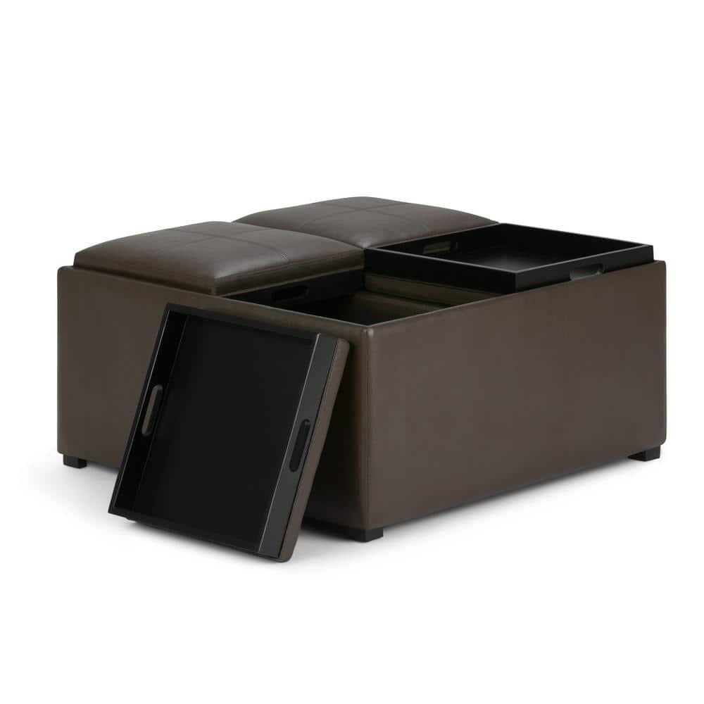 Simpli Home Avalon 35"W Upholstered Square Coffee Table Storage Ottoman with Flip-Over Trays
