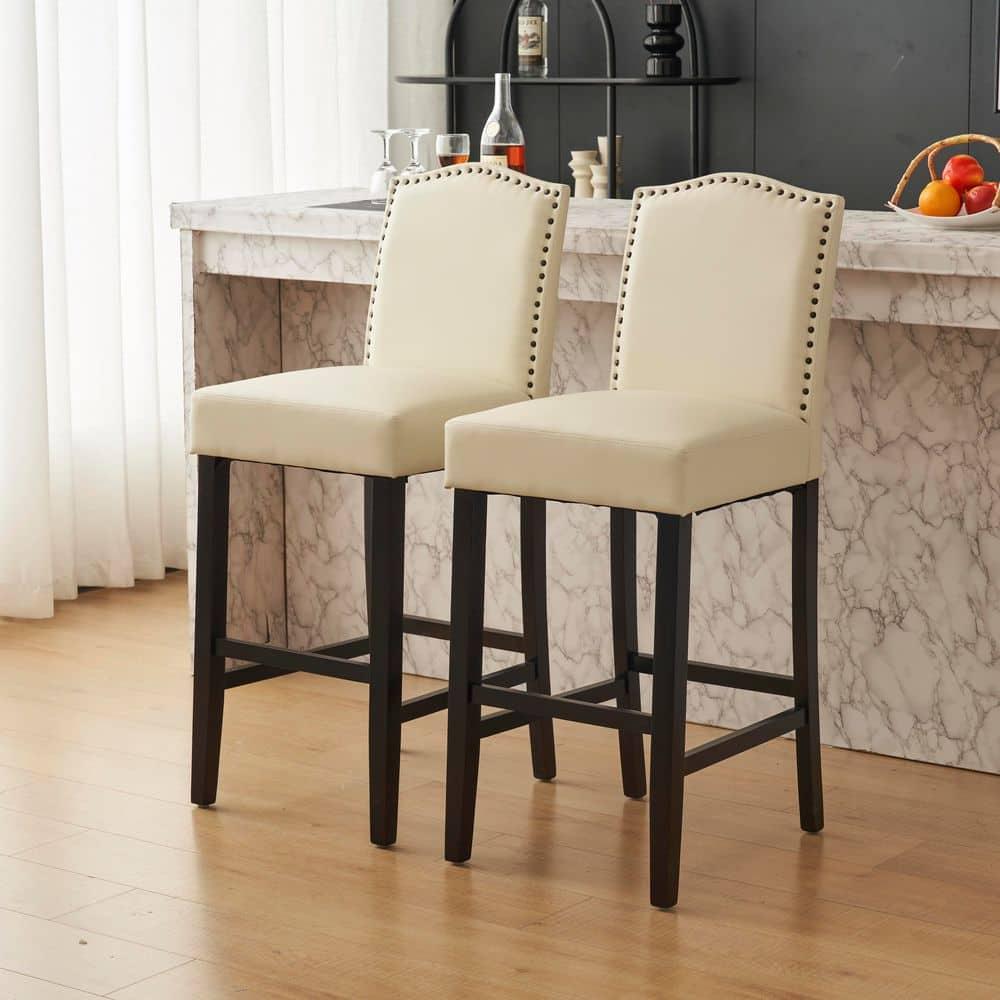 Christopher Knight Home Transitional 30.75" PU Upholstered Bar Stools with Solid Wood Frame, Beige, Set of 2