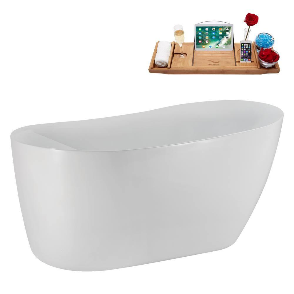 Streamline Bath 59" Streamline Freestanding Soaking Acrylic Bathtub With Drain and Bamboo Tray N2080BL