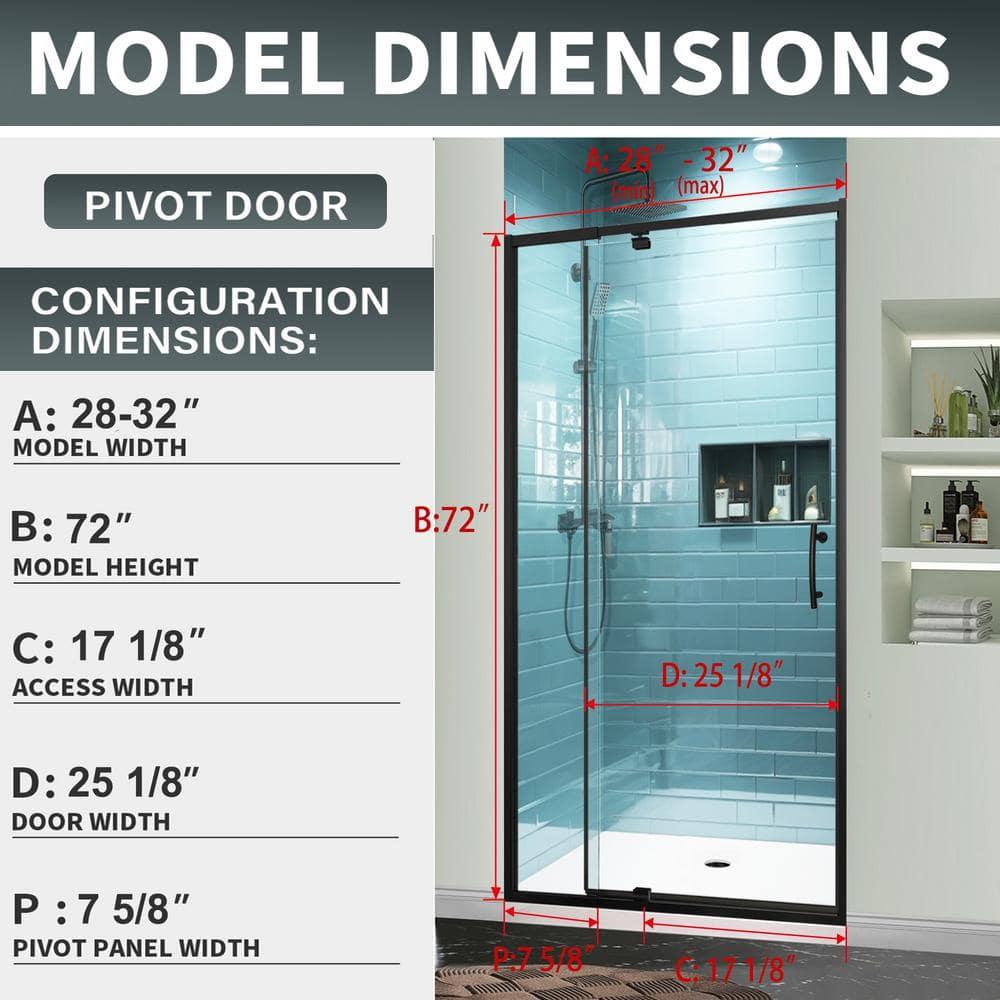 28 - 32 in. W x 71 in. H Pivot Semi-Frameless Sliding Shower Door in Matte Black with Clear SGCC Tempered Glass