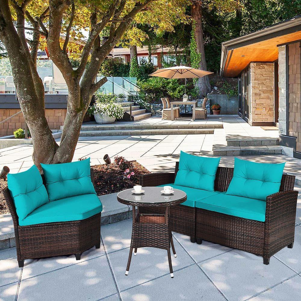 Costway 4PCS Outdoor Patio Rattan Furniture Set Cushioned Sofa Table Turquoise