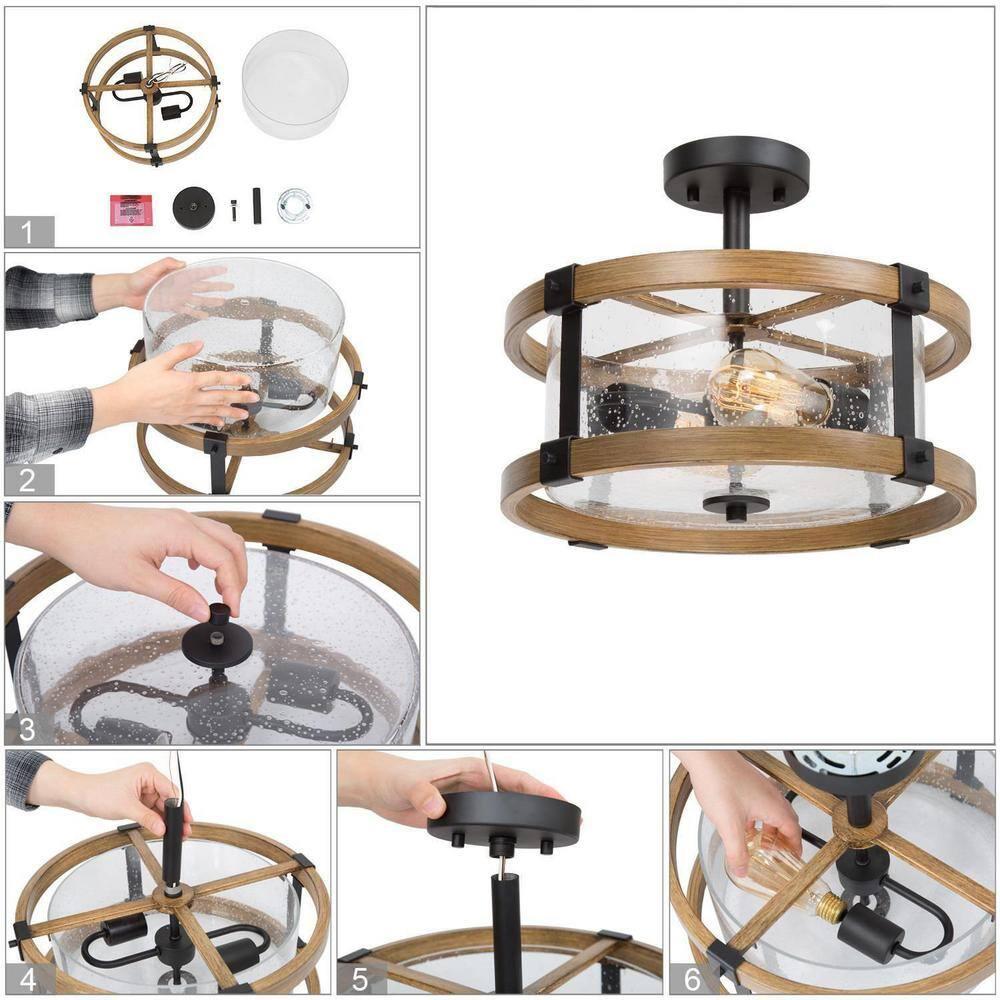 LNC Farmhouse 2-Light Semi-Flush Mount Light with Seeded Glass Shades 15",Brown Wood&Black