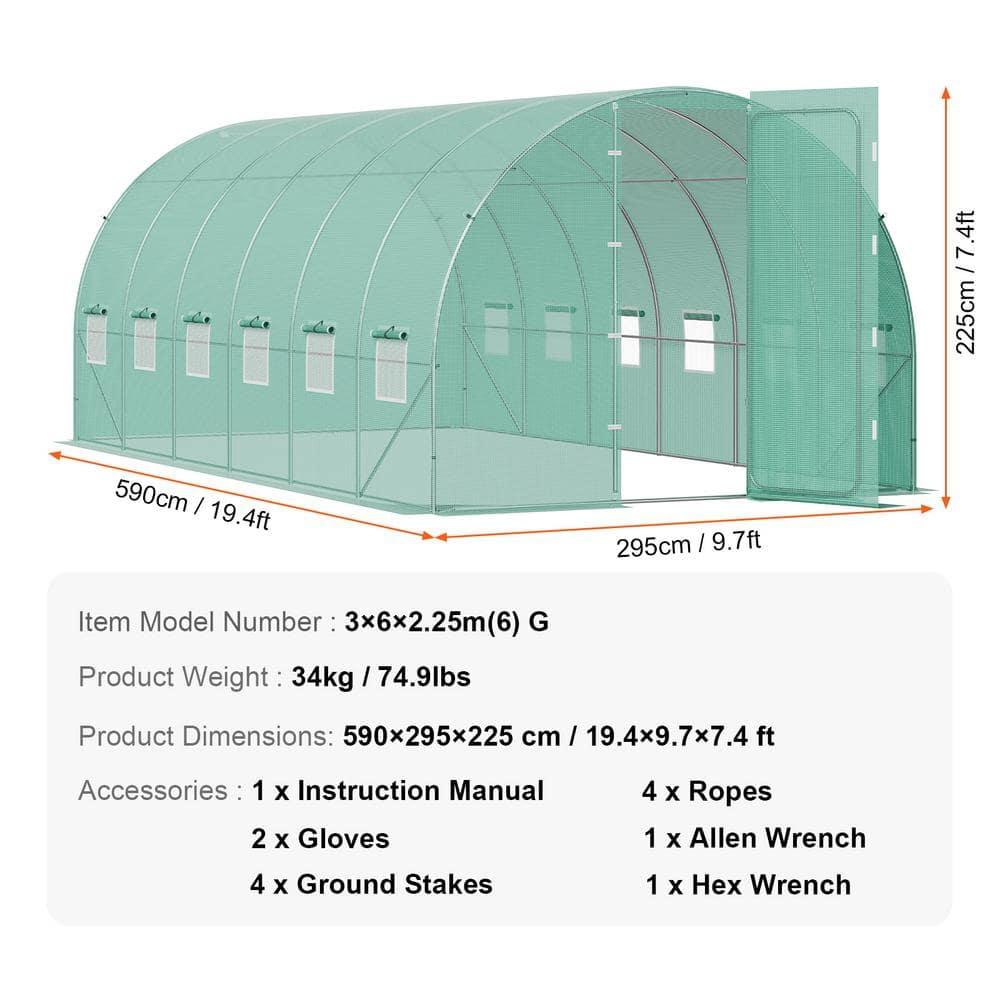 Walk-in Tunnel Greenhouse 19.4 x 9.7 x 7.4 ft. Hoop House Greenhouse Tunnel, with Galvanized Steel Frame, Green PE Cover