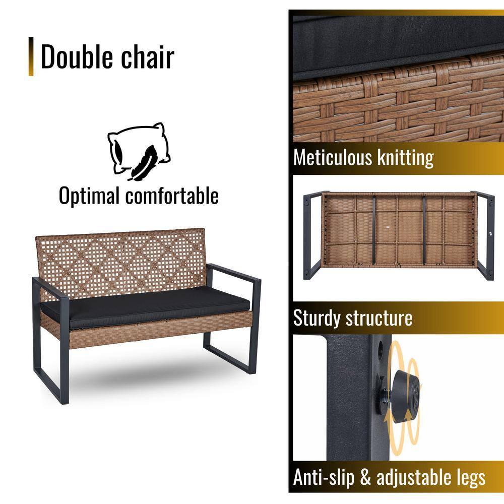 Patio Furniture Set for 4, Rattan Outdoor  Conversation Set with Wood Table, Brown PE Wicker Porch Sofa Set with Cushions, Porch Deck Poolside Furniture, Max 705LBS