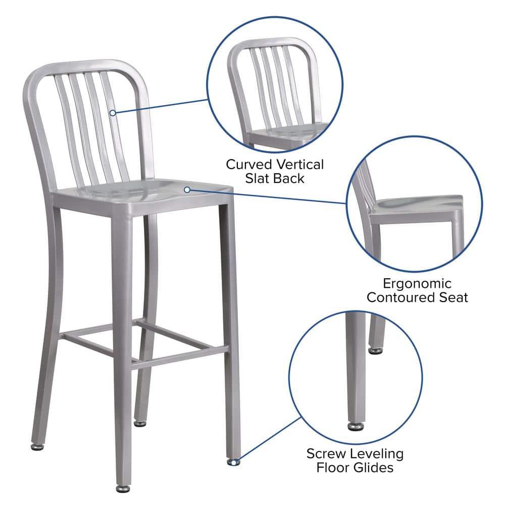 Flash Furniture Commercial Grade 30" High Silver Metal Indoor-Outdoor Barstool with Vertical Slat Back