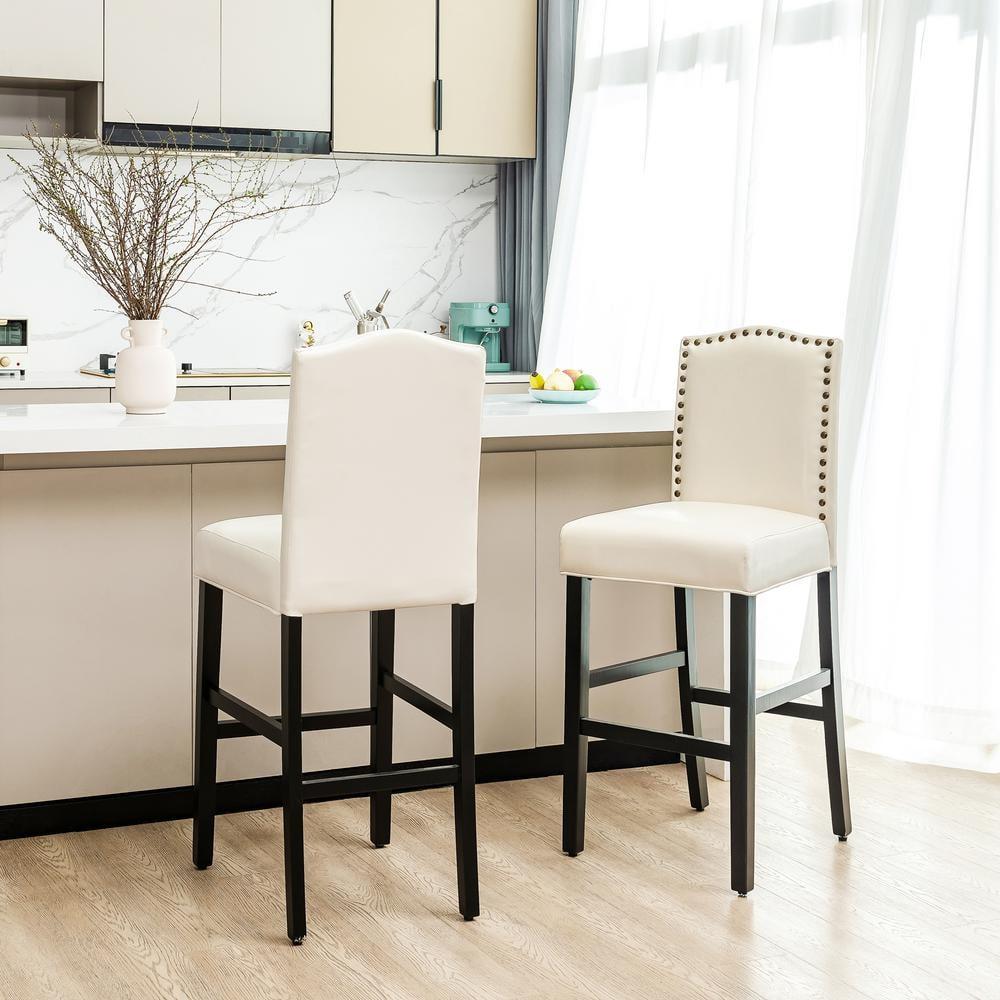 Set of 2 Leatherette PU Barstools with Studded Decor Off White - Glitzhome: Rubberwood Frame, Footrest, Modern Style