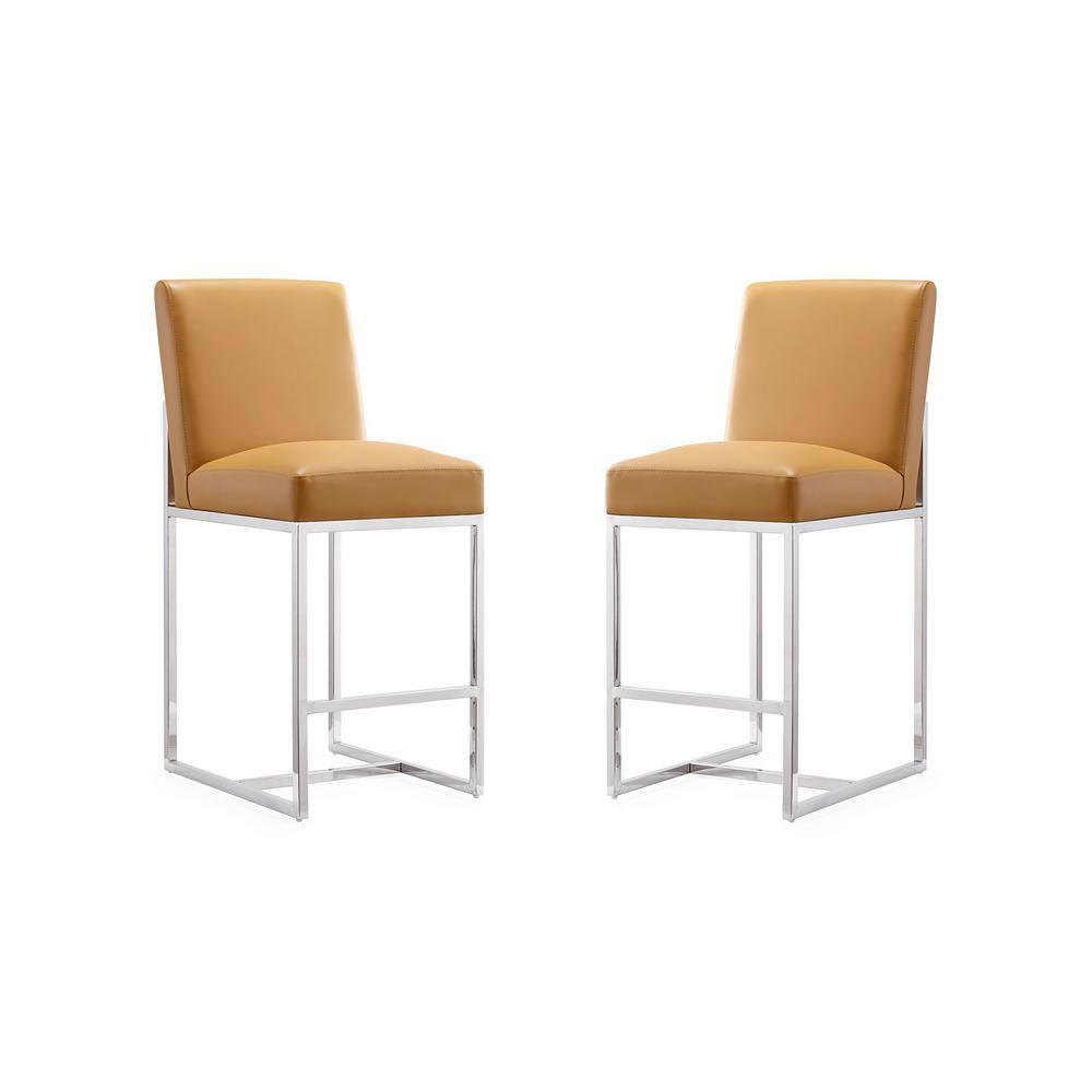 Set of 2 Element Upholstered Stainless Steel Counter Height Barstools Camel - Manhattan Comfort