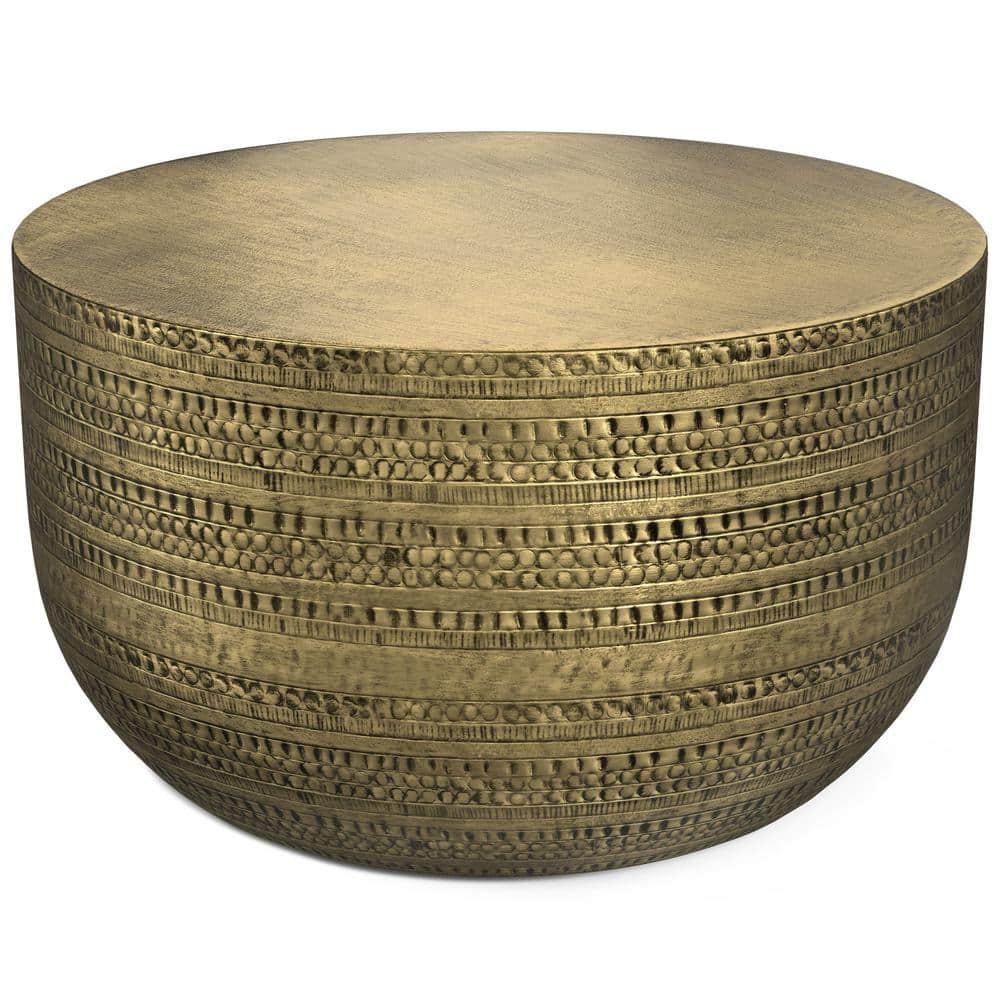 Simpli Home Johnsen 30"W Metal Boho Modern Round Coffee Table with Textured Detail, Assembled