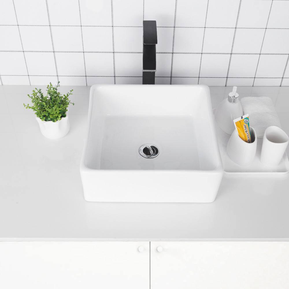 15 in. Bathroom Porcelain Ceramic Art Basin Square Vessel Sink in White