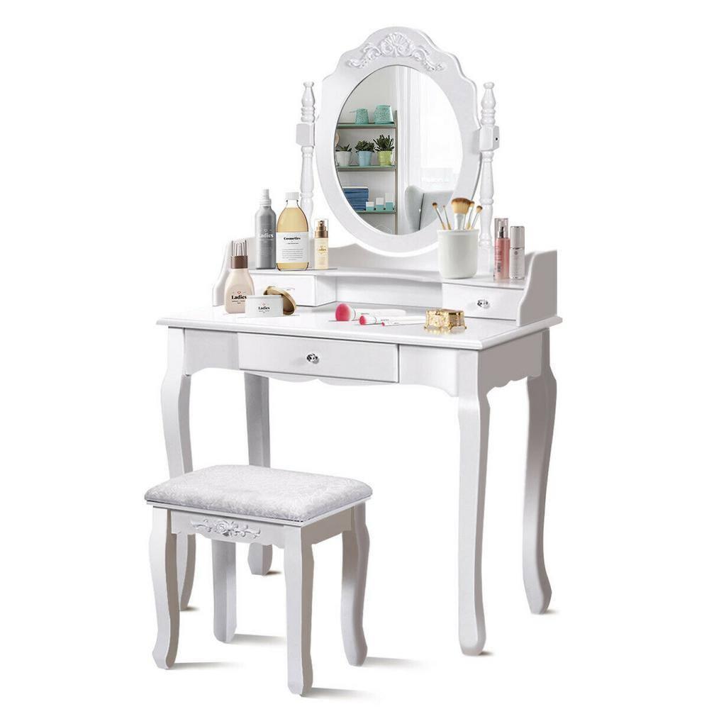 Tangkula Bathroom Vanity Wood Makeup Dressing Table Stool Set Jewelry Desk W/Drawer &Mirror White