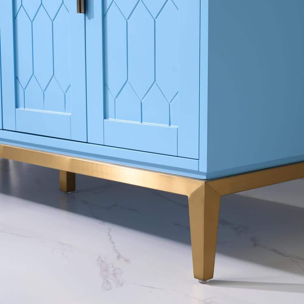 60 in Blue Solid Wood Double Sink Vanity with White Quartz Top