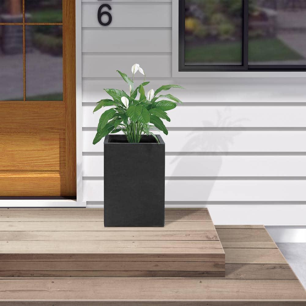 Kante 16"H Charcoal Finish Concrete Tall Square Planter, Outdoor/Indoor Lightweight Planters Pots with Drainage Hole