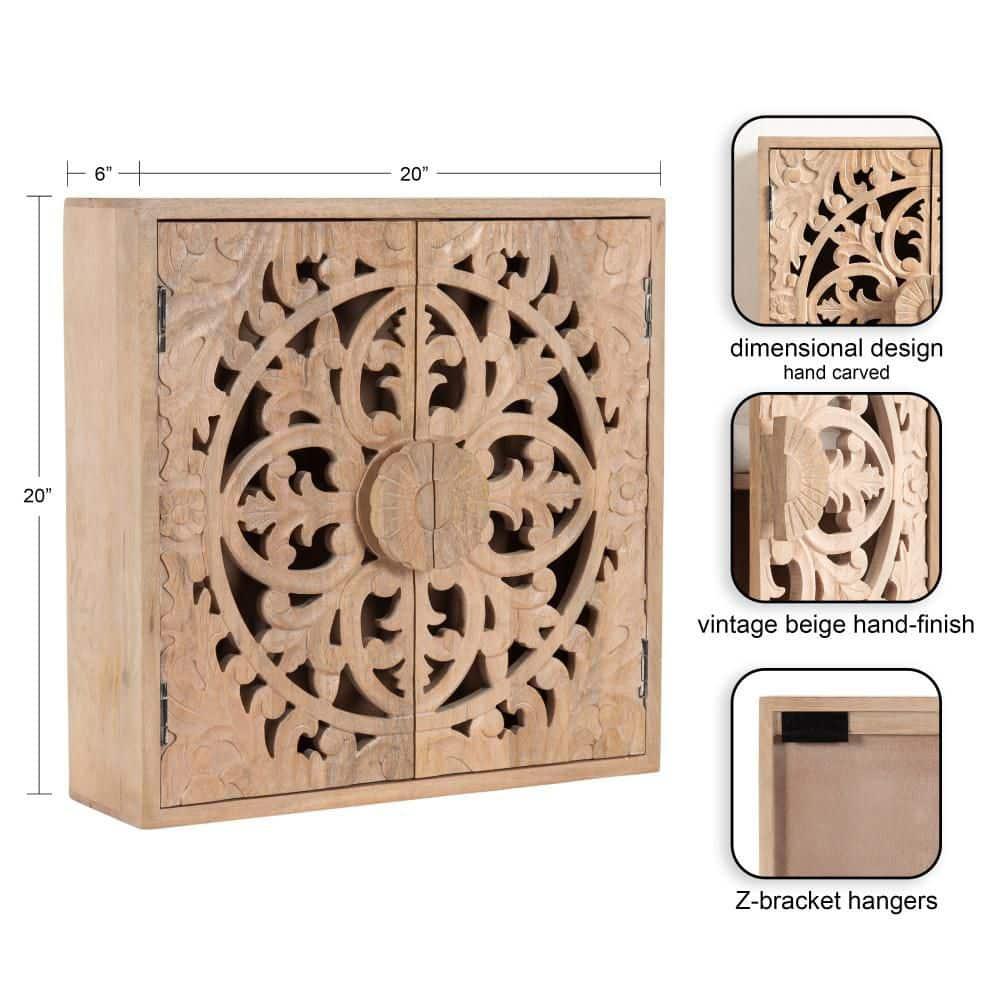 Kate and Laurel Saanvi Traditional Carved Wood Wall Cabinet, 20 x 6 x 20, Light Natural, Dimensional Over the Toilet Storage Cabinet for Bathroom Storage and Display